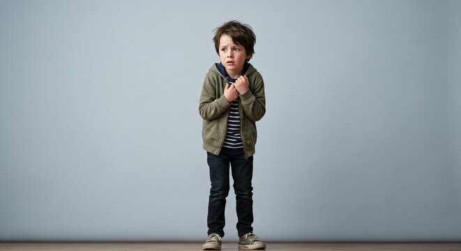 Young boy gripped by intense fear, clutching his hoodie in a silent plea