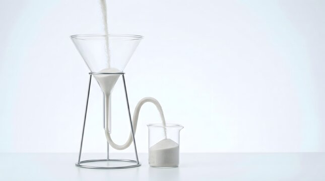 Clear glass laboratory funnel with sand flowing through stem curving back into collection beaker completing circuit on white surface, waste stream recovery circular economy material recovery closed 