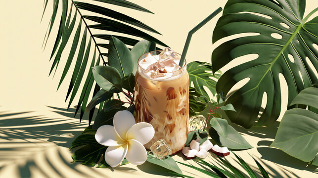 Iced latte surrounded by tropical leaves, summer exotic vibe, vibrant colors, creative composition