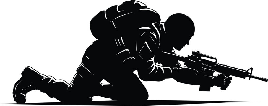 Soldier silhouette vector, army sniper clipart, military man with rifle, combat pose graphic, armed forces outline, tactical weapon design illustration