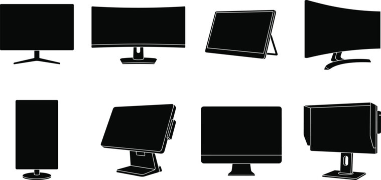 Black Computer Monitor Silhouette Collection Featuring Desktop Displays, Curved Screens, Touchscreen Monitors, and Digital Display Vector Set