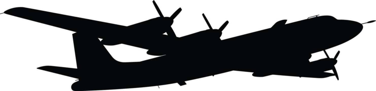 Black silhouette of a large four-engine turboprop military transport aircraft isolated on a plain white background, for aviation