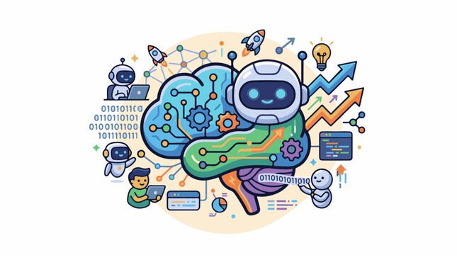 Digital brain with robots binary code and growth charts