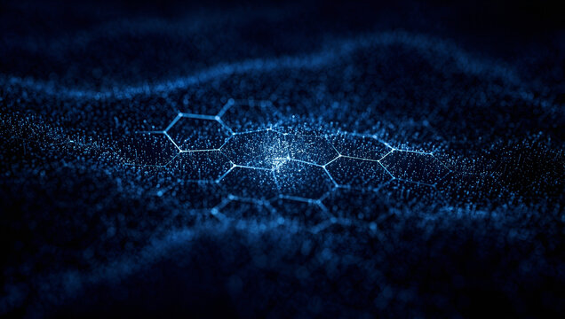 Abstract digital network background with glowing blue hexagonal data matrix