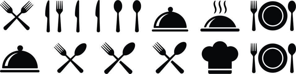 Collection of black restaurant and dining featuring cutlery, serving domes, chef hat, and plate settings on a white background © Badhon