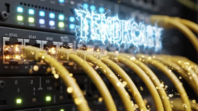 Network cables and server rack with glowing blue electrical arcs and data transmission