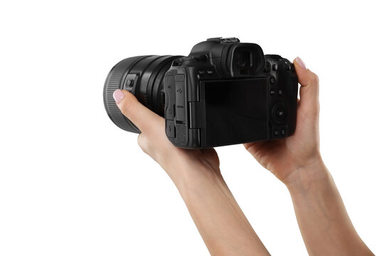 Woman Holding Professional Mirrorless Camera Isolated Transparent Background