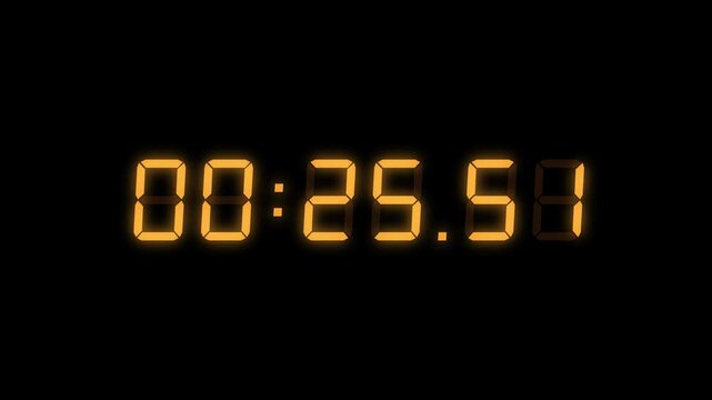 6 Digits Orange Red Digital Countdown Timer Starting at 00:30:00 (30 seconds) on Black Background, Featuring High-Visibility LED Display. 4K Motion Graphics.