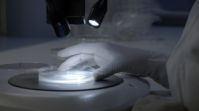 A hand places a sample under the microscope's lens.