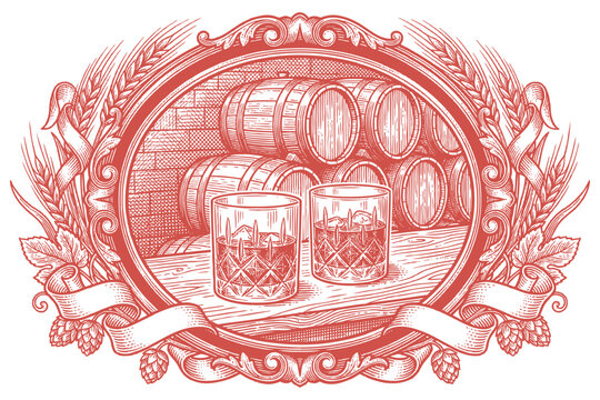 Vector engraving illustration of two whiskey glasses and wooden barrels in a cellar. Ornate retro frame with wheat and ribbon in red monochrome.