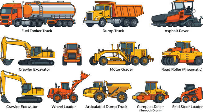 Heavy Construction Machinery Vector Set Featuring Excavator, Dump Truck, Asphalt Paver, Road Roller, Motor Grader, Loader and Industrial Equipment Collection