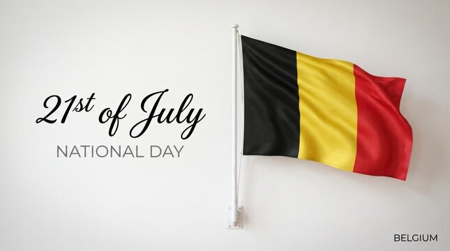 Waving flag of belgium on a white wall with text 21st of july national day for the belgian holiday celebration with black yellow and red vertical stripes fabric texture