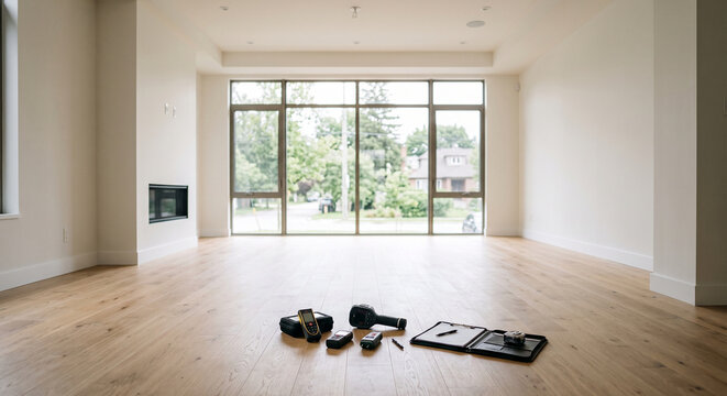 Wide empty living room with floor to ceiling windows, modern fireplace, wood flooring, and inspection equipment in the foreground