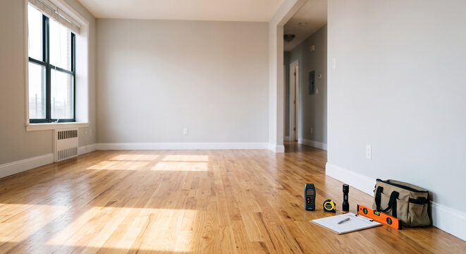 Bright empty living room with wood flooring, large windows, and a complete inspection tool kit arranged along the white wall