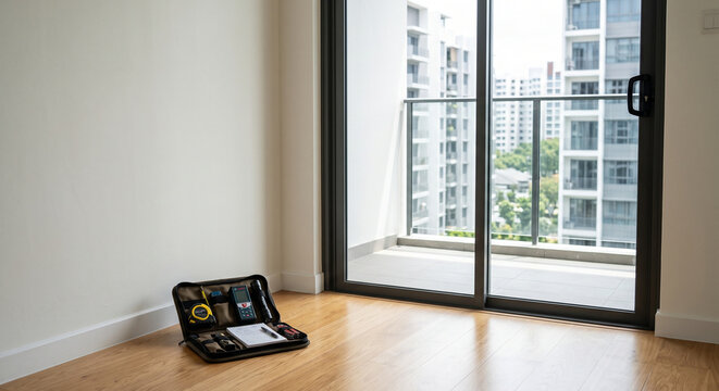 Bright empty apartment room with sliding balcony doors, wood flooring, city view, and an open inspection tool case on the floor