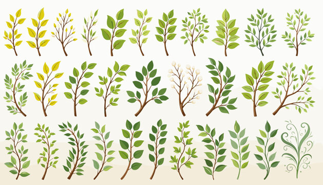 Vibrant Green Tree Leaf Sprig and Forest Branch Silhouette Set for Environmental Ecology and Sustainability Logo Designs