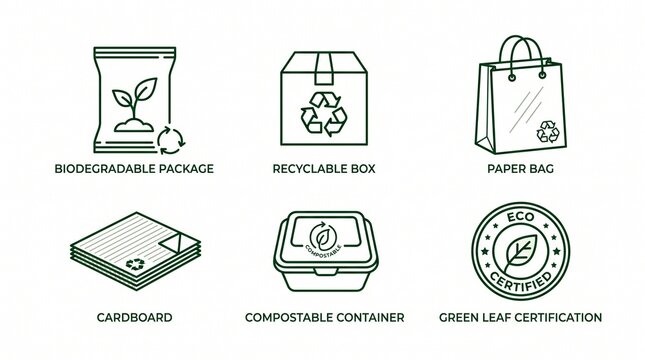 Sustainable eco friendly packaging and recycled material icons with packaging
