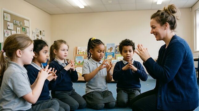 Teacher and students practicing sign language in a classroom