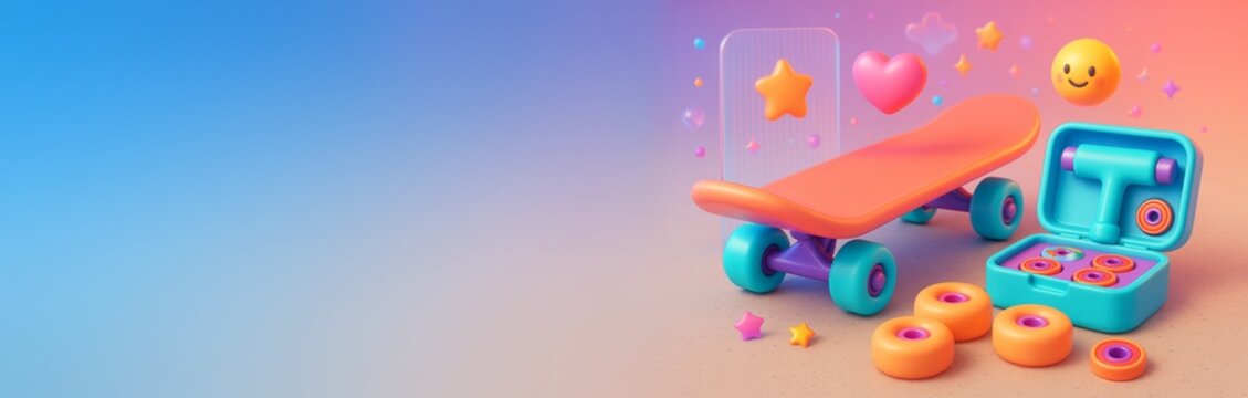 Colorful skateboard with tool kit and emoji elements on gradient background with copyspace for banner or poster design template. Ai generative
