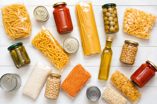 Canned food and dry pantry staples collection, assorted non-perishable groceries for donation, long shelf life food supplies for emergency storage isolated on White Background ai