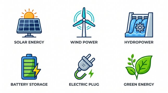 Set of renewable energy icons representing solar wind and sustainable power