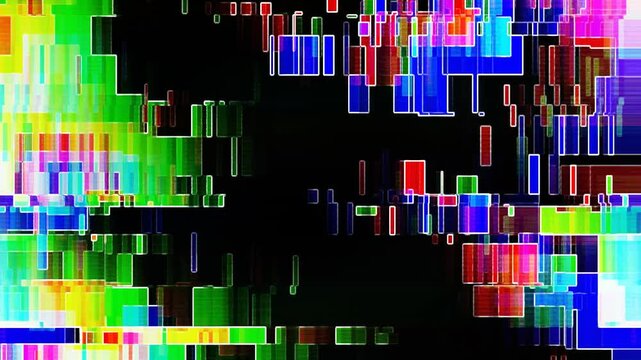 Floating blue and green geometric squares with pixel sorting and glitch distortion flickering on a seamless loop. Anchors a surreal rave poster, music video, and motion graphics design.