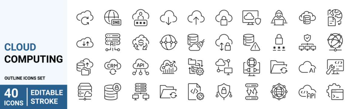 Set of 40 outline icons related to Cloud computing. Linear icon collection. Editable stroke. Vector illustration