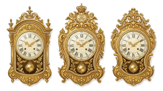 Three antique french baroque style clocks with gold ornaments