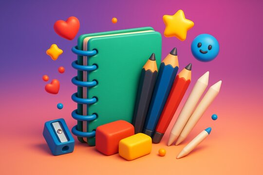 Colorful cartoon-style school stationery supplies with notebook, pencils, erasers, sharpener, and cheerful icons on gradient background. Ai generative