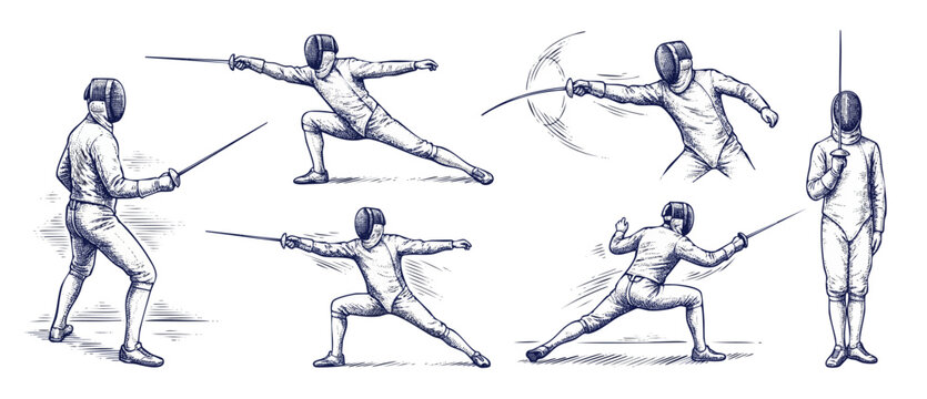 Fencer athlete vintage engraving sketch showing different dynamic combat poses, actions, lunges, and stances. Retro hand drawn duelist vector set with sword protective gear on white background.
