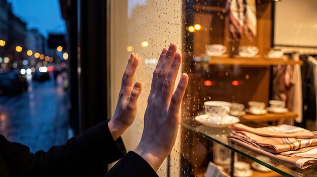 window shopping experience, a pair of hands tenderly touch a boutique window, reflecting city lights