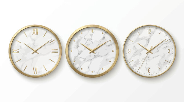 Three elegant wall clocks with white marble faces and gold frames set against a clean white background in a minimalist modern interior design style display