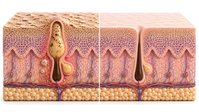Acne Pore Before and After Exfoliation Cutaway Comparison of Clogged and Clean Skin