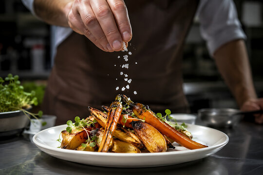 Professional chef seasoning roasted carrots with sea salt, gourmet vegetable dish preparation in restaurant kitchen, culinary food styling isolated on White Background ai