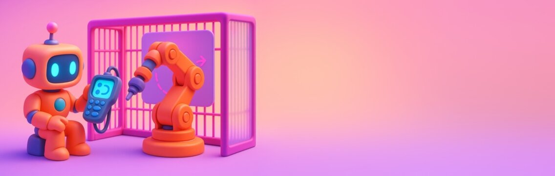 Cute robot controls robotic arm in colorful futuristic lab with soft gradient background and empty copy space for design or banner template. Ai generative