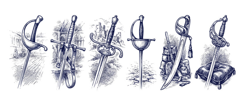 Vintage swords engraving set sketches of medieval weapons collection, featuring classic rapiers, sabers, and broadswords shown in historical contexts with castle and armor, retro hand drawn concept.