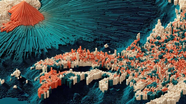 Vibrant voxel art map of island topography and population density data visualization
