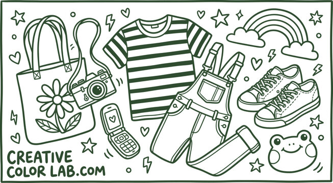 Coloring page for kids with fun objects