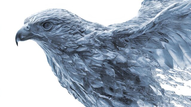 A close-up, detailed, and artistic depiction of a majestic hawk in flight against a stark white background.