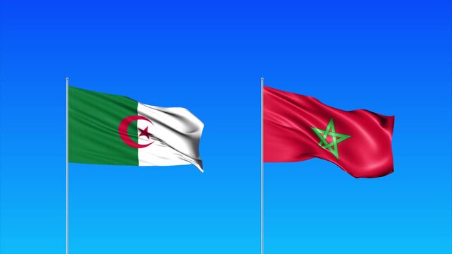 Morocco and Algeria Flags Animation Loop, Waving National Flags Background