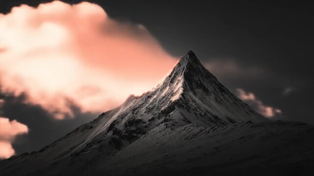 Snow covered mountain peak with dramatic clouds and lighting
