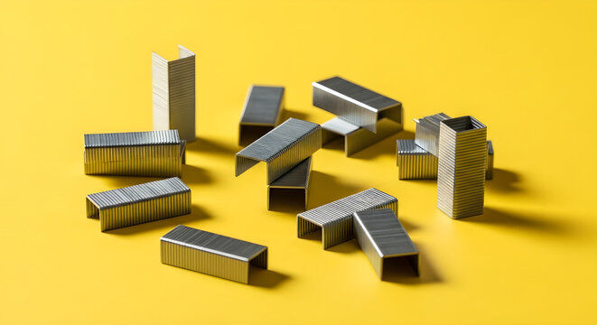 Silver metal staple strips scattered on a vibrant yellow background - office and stationery supplies