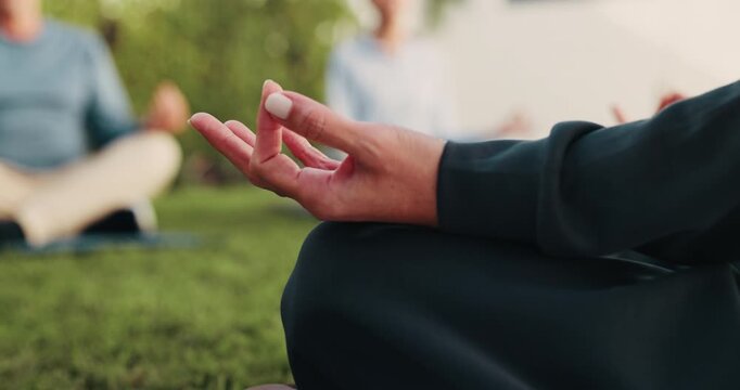 Meditation, person or hands with teacher in nature for spiritual wellness or outdoor mindfulness. Instructor, group or lotus pose with zen or lesson on grass field for chakra, mudra or inner peace