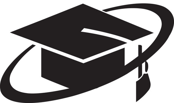 Smart e-learning education logo emblem, minimalist black and white graduation cap icon integrated with a digital technology orbit isolated on white.