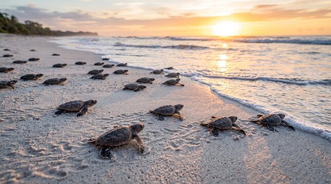 Sea Turtle Hatchlings Heading Toward the Ocean