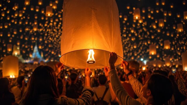 A group of people holding a large, glowing paper lantern ready to release it into a sky filled with lights
