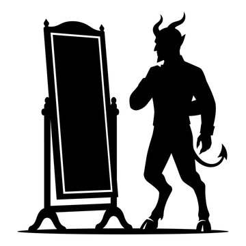 devil silhouette, demon standing, black devil, mirror reflection, evil character isolated on White Background silhouette