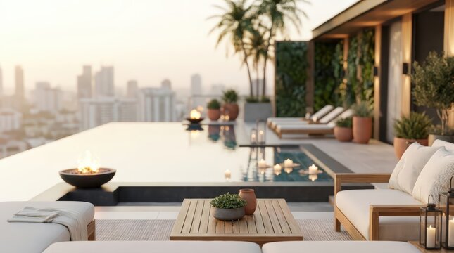 Luxury rooftop infinity pool sunset city skyline view modern terrace penthouse lifestyle resort vacation fire pit lounge furniture upscale living