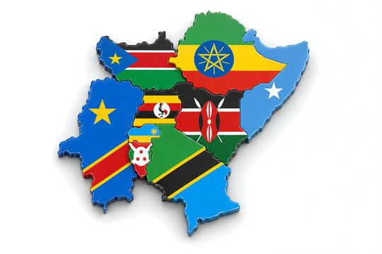 East Africa Political Map with Official National Flags, Realistic 3D Country Shapes, Regional Map Isolated on White Background