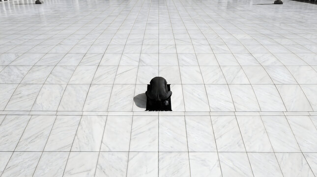 Muslim Man Prostrating on Prayer Mat in Vast Marble Courtyard